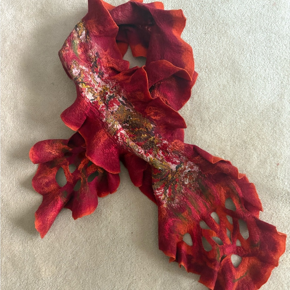 Vibrant Red Artistic Felted scarf
